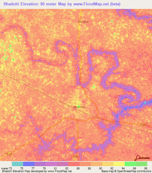 Bhadohi,India Elevation Map