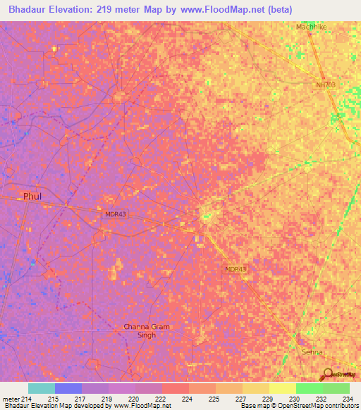 Bhadaur,India Elevation Map