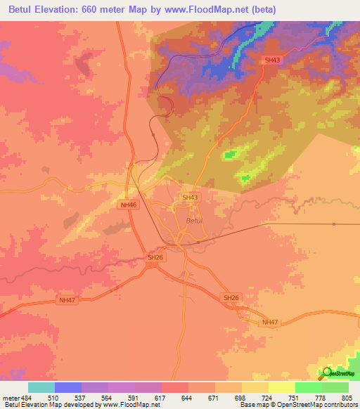 Betul,India Elevation Map