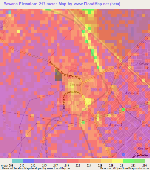 Bawana,India Elevation Map
