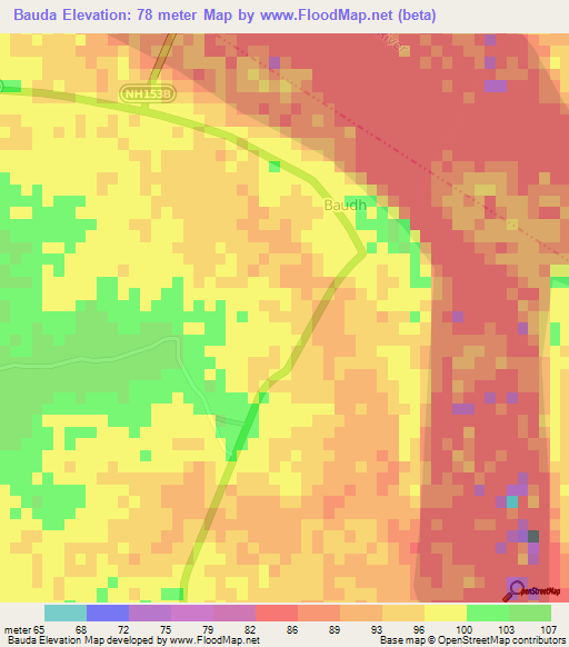Bauda,India Elevation Map