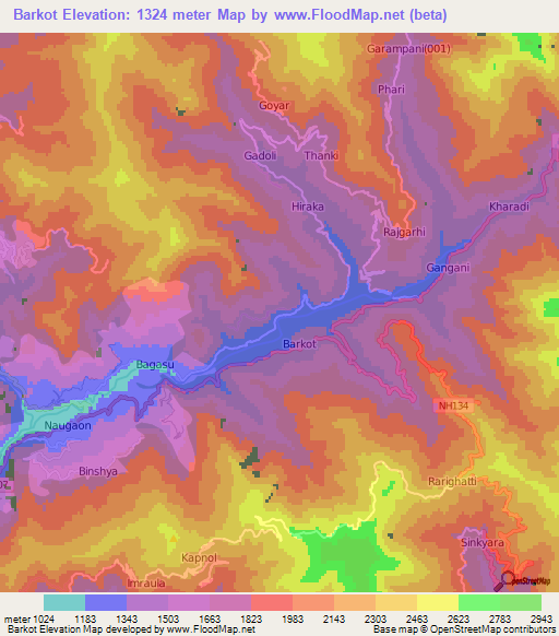 Barkot,India Elevation Map