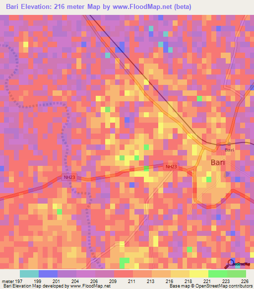 Bari,India Elevation Map