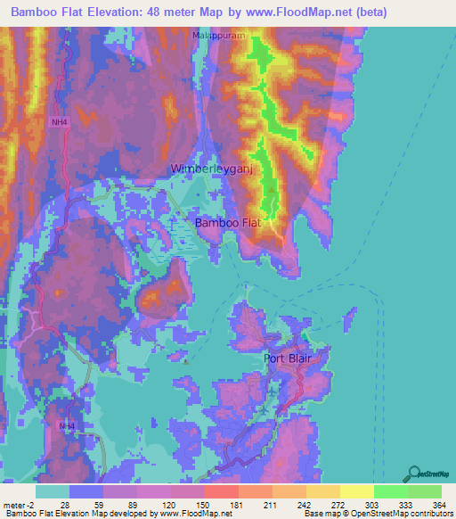 Bamboo Flat,India Elevation Map
