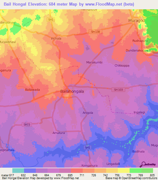 Bail Hongal,India Elevation Map