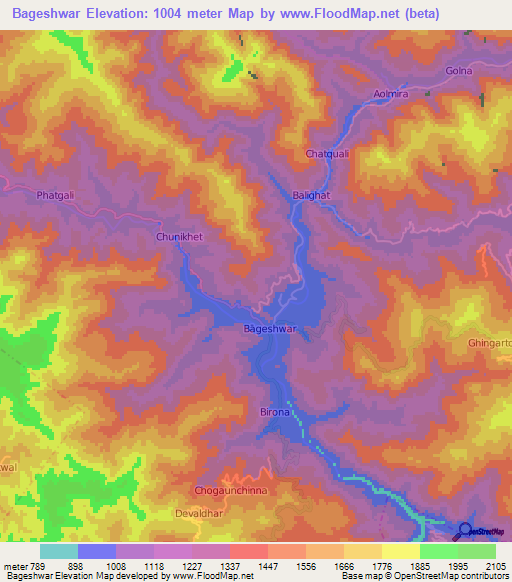 Bageshwar,India Elevation Map