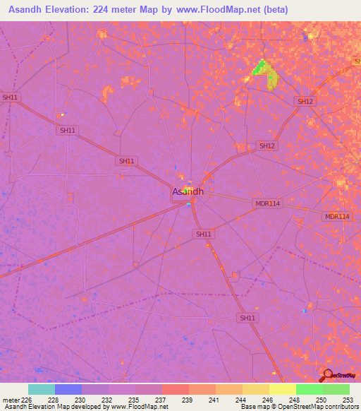 Asandh,India Elevation Map