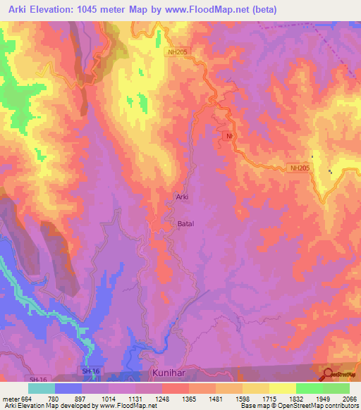 Arki,India Elevation Map