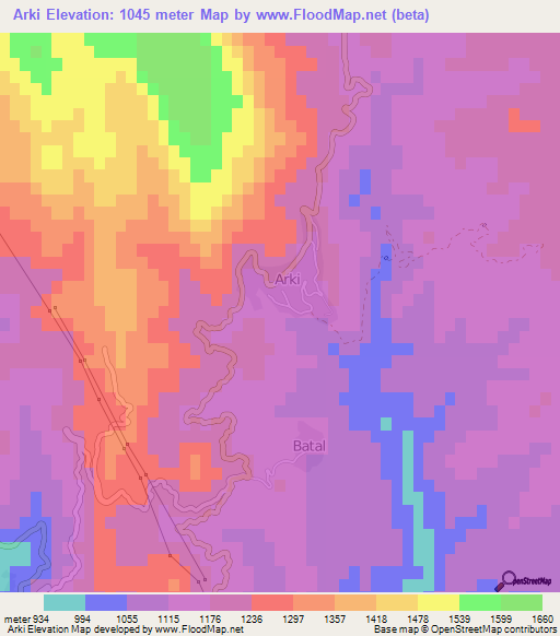 Arki,India Elevation Map