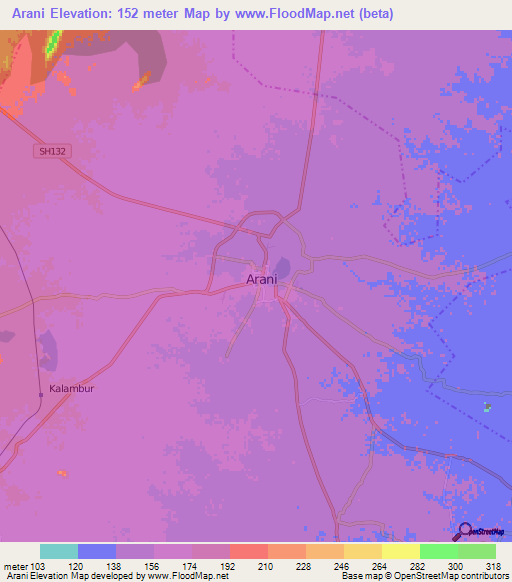 Arani,India Elevation Map