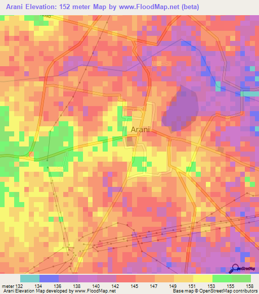 Arani,India Elevation Map