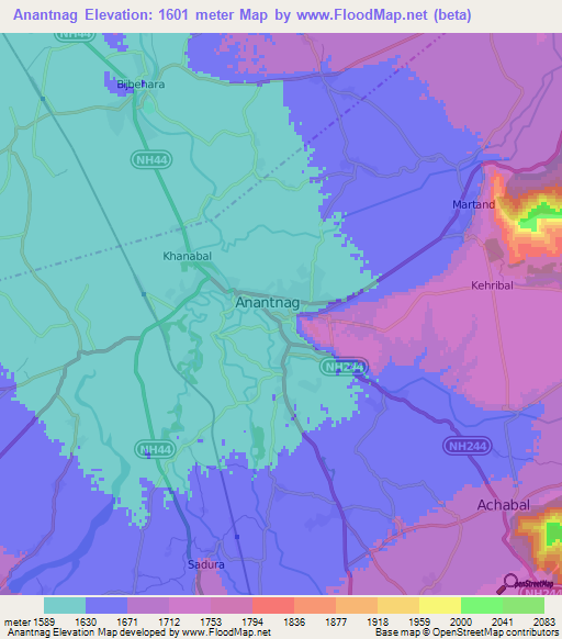 Anantnag,India Elevation Map