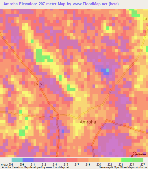 Amroha,India Elevation Map