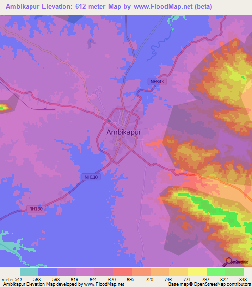 Ambikapur,India Elevation Map