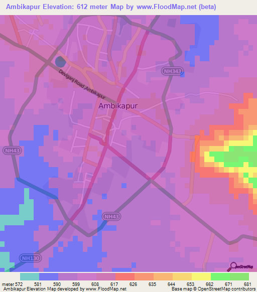Ambikapur,India Elevation Map