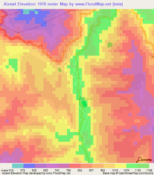Aizawl,India Elevation Map
