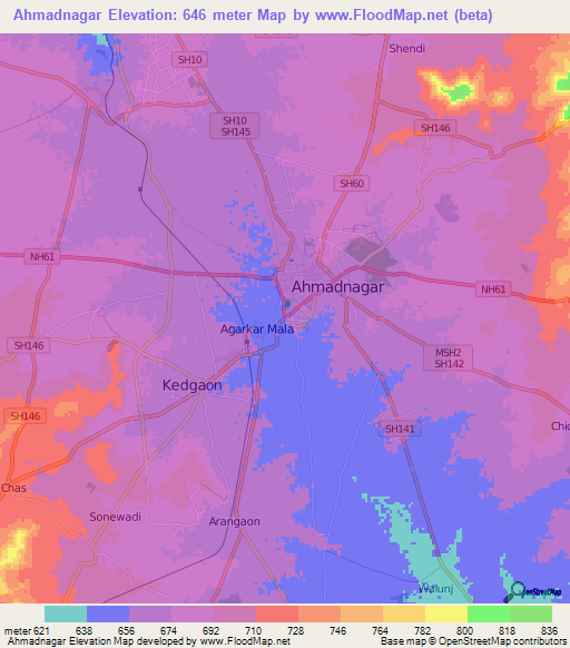 Ahmadnagar,India Elevation Map