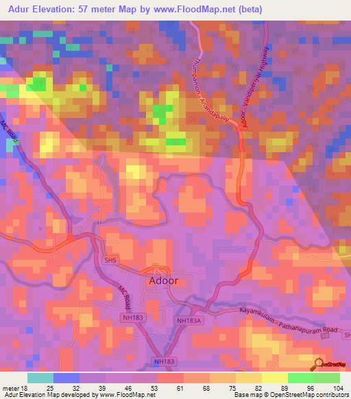 Adur,India Elevation Map