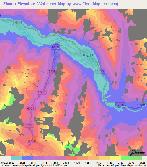 Zhamo,China Elevation Map