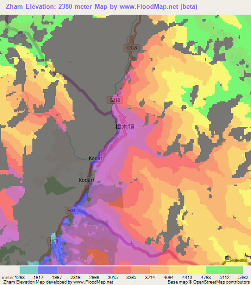 Zham,China Elevation Map