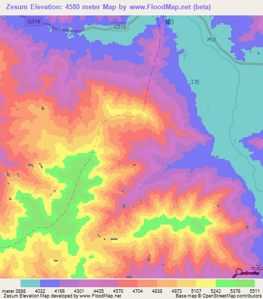 Zesum,China Elevation Map