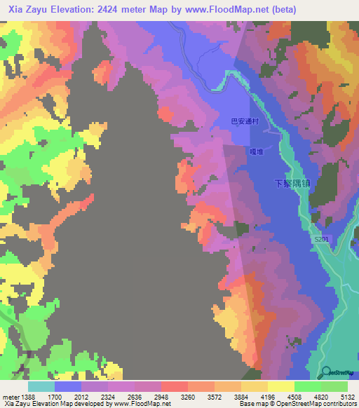 Xia Zayu,China Elevation Map