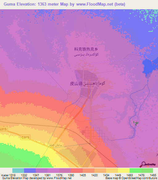Guma,China Elevation Map