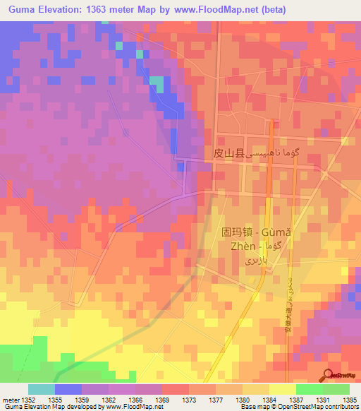 Guma,China Elevation Map