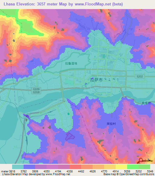 Lhasa,China Elevation Map
