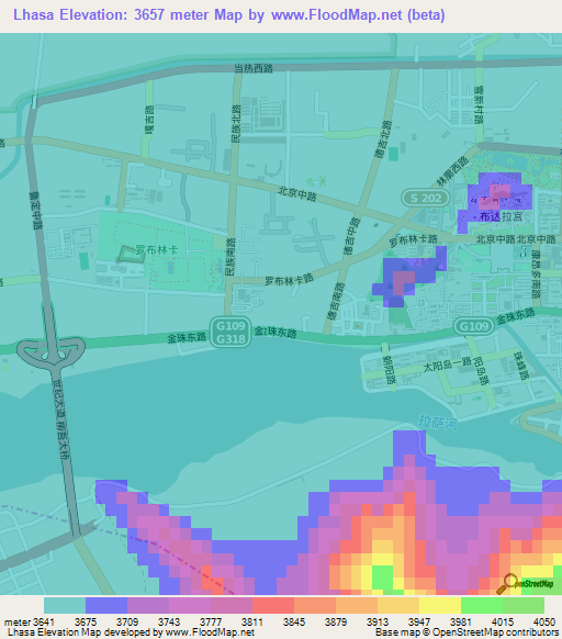 Lhasa,China Elevation Map