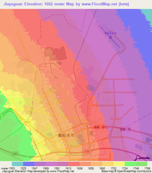 Jiayuguan,China Elevation Map