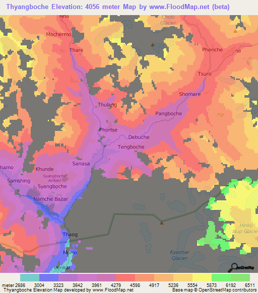 Thyangboche,Nepal Elevation Map