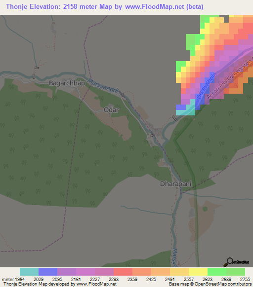 Thonje,Nepal Elevation Map