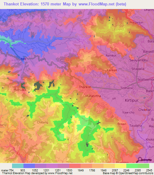 Thankot,Nepal Elevation Map