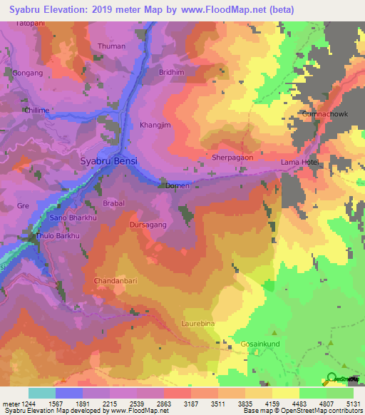 Syabru,Nepal Elevation Map