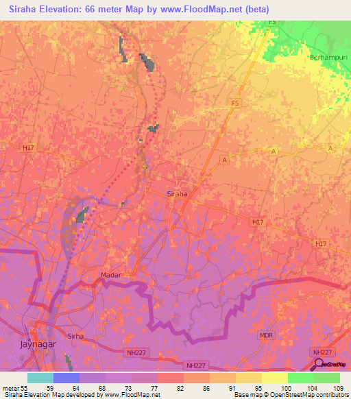 Siraha,Nepal Elevation Map