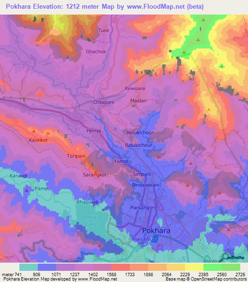 Pokhara,Nepal Elevation Map