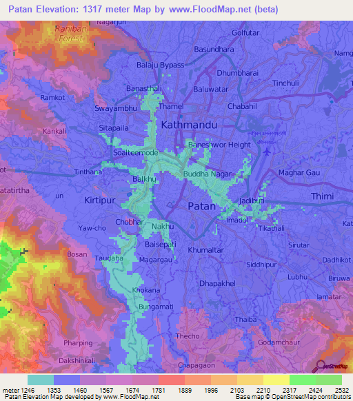 Patan,Nepal Elevation Map