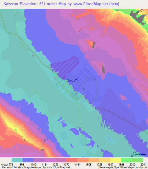 Kazerun,Iran Elevation Map