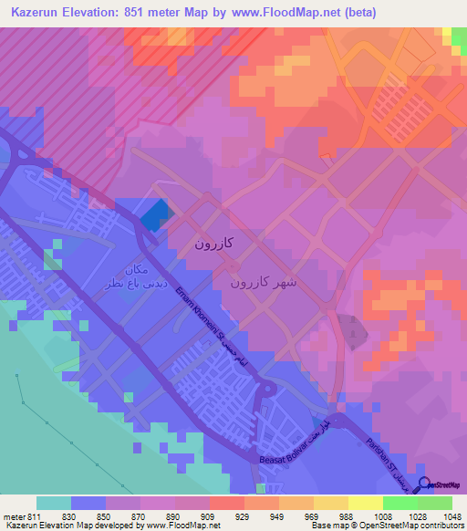 Kazerun,Iran Elevation Map