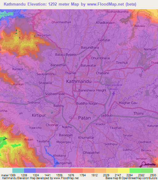 Kathmandu,Nepal Elevation Map