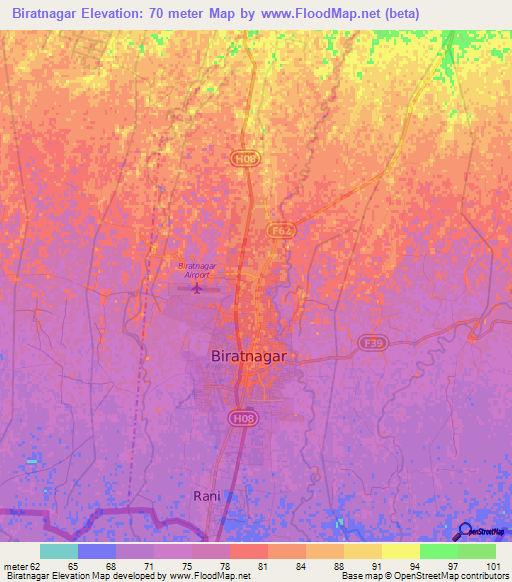 Biratnagar,Nepal Elevation Map