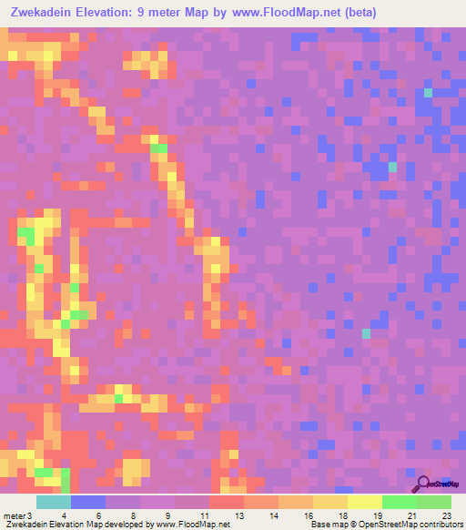 Zwekadein,Myanmar Elevation Map