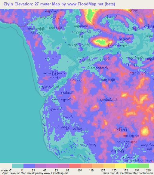 Ziyin,Myanmar Elevation Map