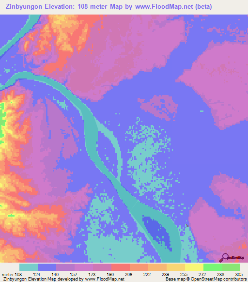 Zinbyungon,Myanmar Elevation Map
