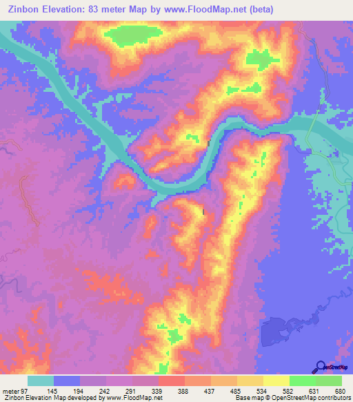 Zinbon,Myanmar Elevation Map