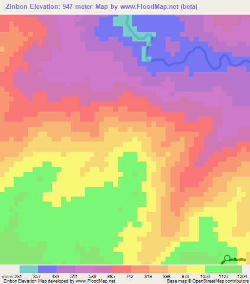 Zinbon,Myanmar Elevation Map