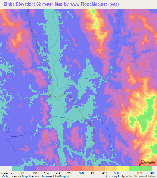 Zinba,Myanmar Elevation Map