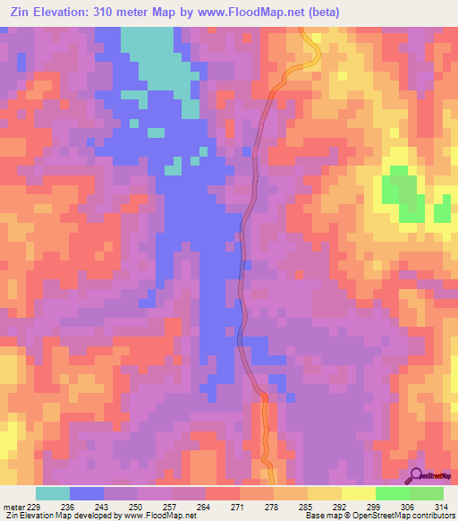 Zin,Myanmar Elevation Map