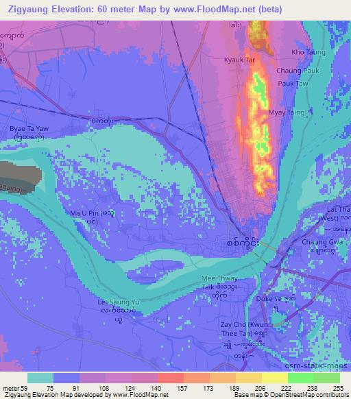 Zigyaung,Myanmar Elevation Map